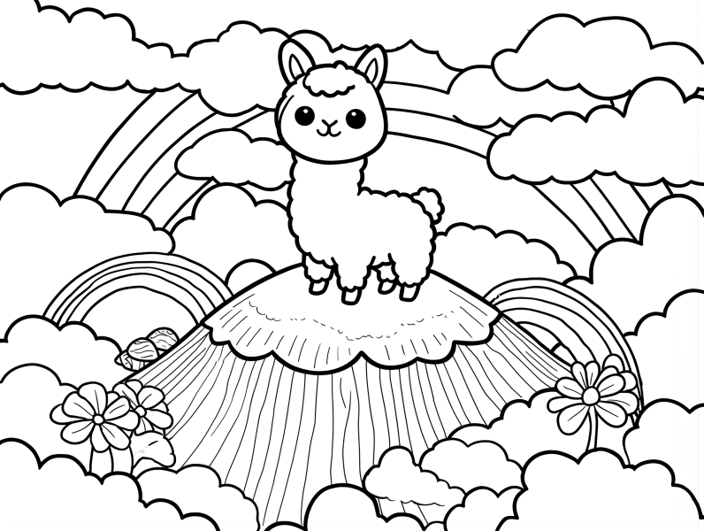 Baby alpaca standing on a hill with rainbows, clouds, and flowers coloring page for kids