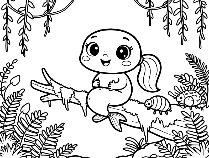Baby chameleon sitting on a branch in a leafy jungle coloring page for kids
