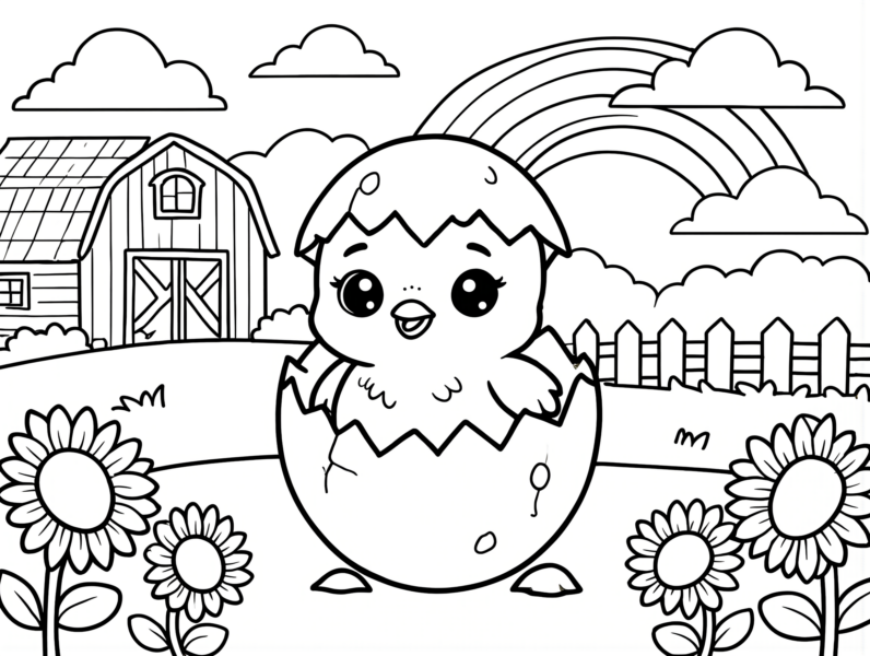 Baby chick hatching from an egg on a farm with a barn, rainbow, and flowers coloring page