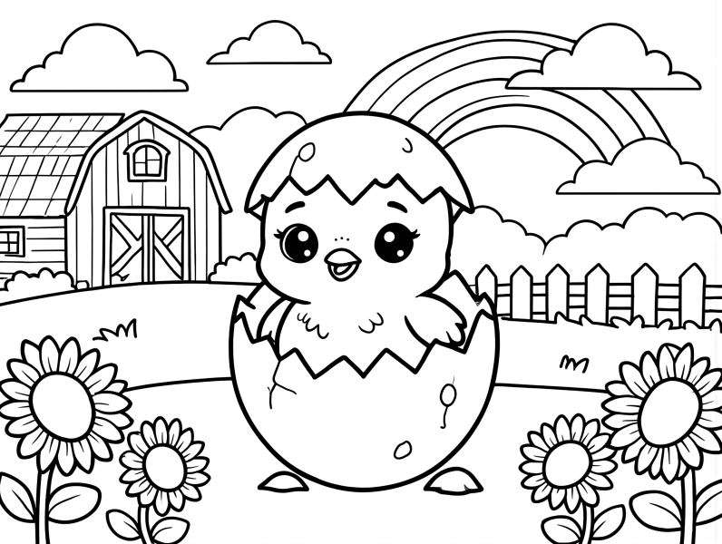 Baby chick hatching from an egg on a farm with a barn, rainbow, and flowers coloring page