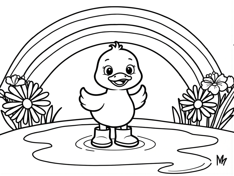 Baby duck standing in a puddle wearing rain boots under a rainbow coloring page