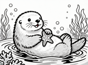 Baby Otter with Sea Star Coloring Page coloring page