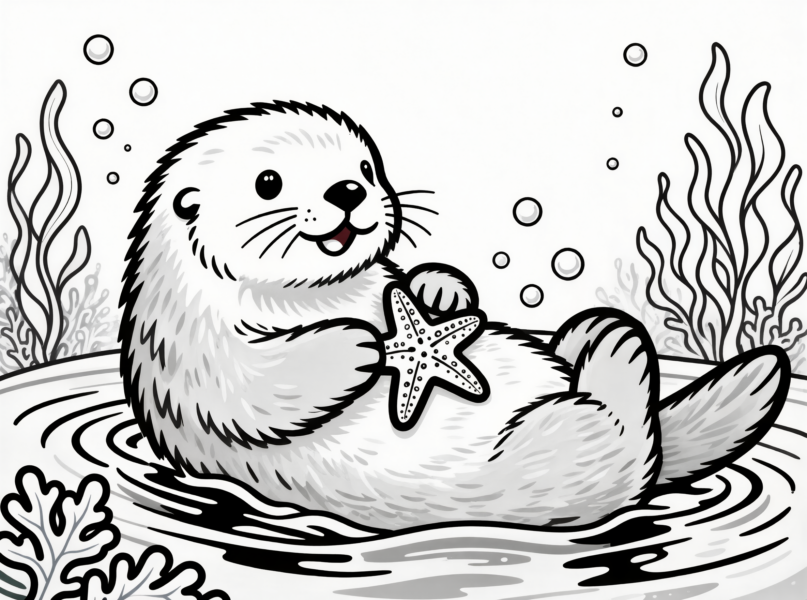 Baby otter floating in water while holding a sea star coloring page for kids