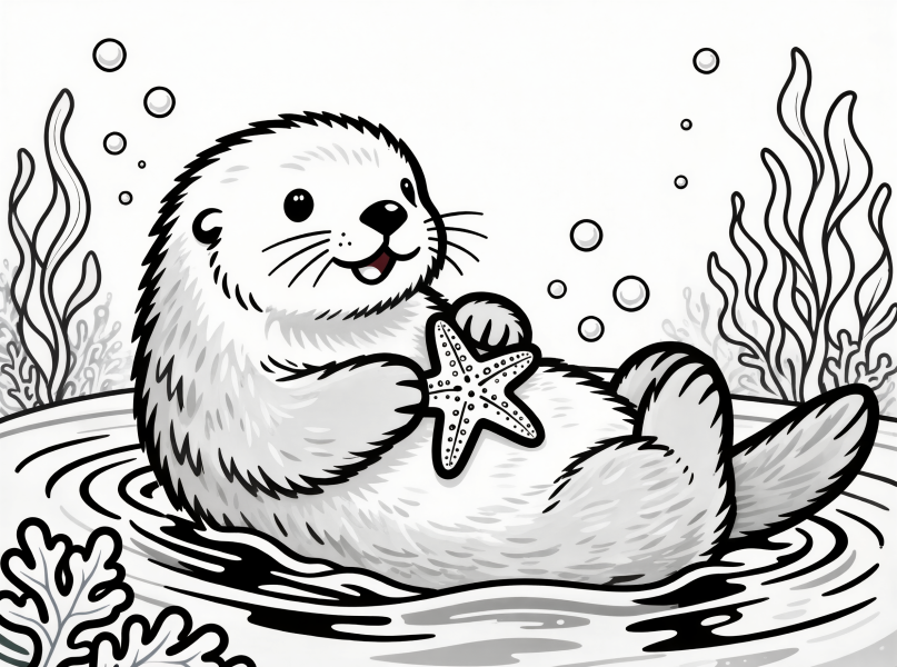 Baby otter floating in water while holding a sea star coloring page for kids