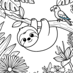 Baby Sloth Hanging with Bird Coloring Page