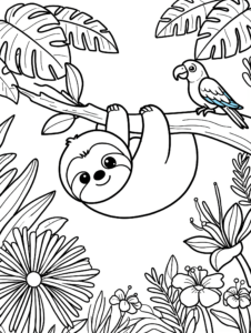Baby Sloth Hanging with Bird Coloring Page coloring page
