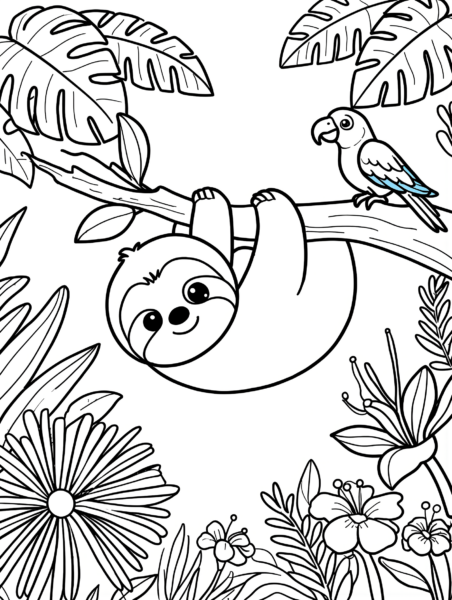 Baby sloth hanging from a branch with a bird in a tropical scene coloring page