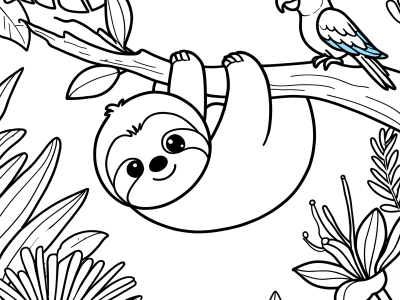 Baby Sloth Hanging with Bird Coloring Page coloring page
