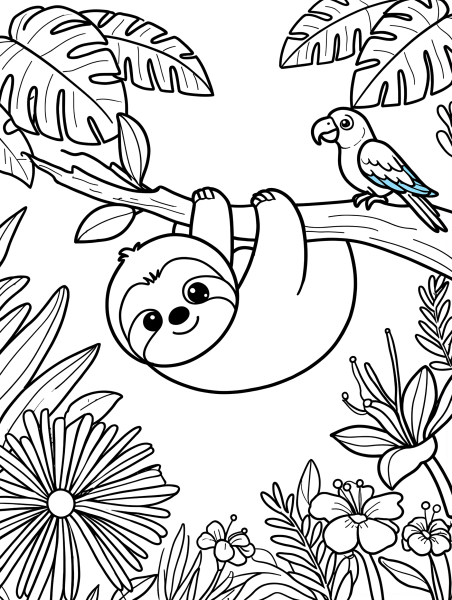 Baby sloth hanging from a branch with a bird in a tropical scene coloring page