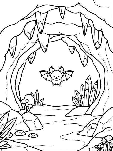 Cute bat flying inside a cave with crystals, stalactites, and rocks coloring page