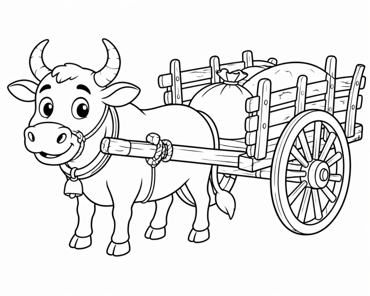 Bullock pulling a wooden cart coloring page for kids