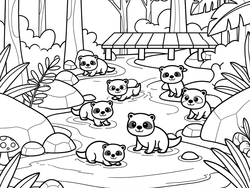 Cute otter family playing in a stream with rocks and a small bridge coloring page