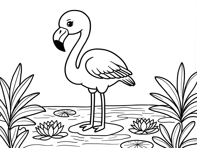 Cute flamingo standing in shallow water with lily pads and plants coloring page