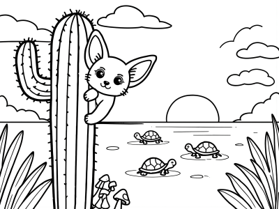 Cute Fox Cactus Coloring Page coloring page