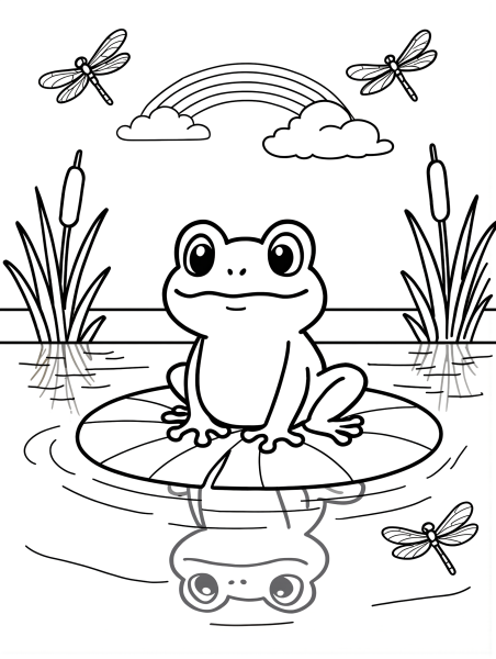 Cute frog sitting on a lily pad with dragonflies and a rainbow coloring page