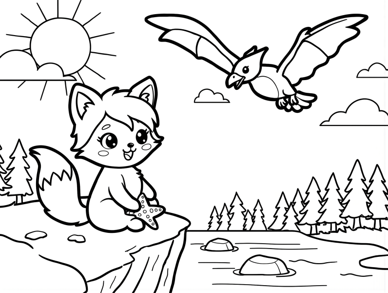 Cute girl fox sitting on a rock holding a starfish with a bird flying nearby coloring page
