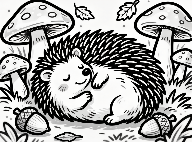 Cute hedgehog sleeping among mushrooms, acorns, and leaves coloring page