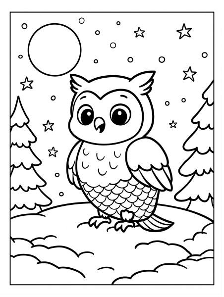 Cute owl standing at night with moon, stars, and pine trees coloring page