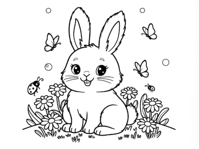 Fluffy Bunny with Butterflies Coloring Page coloring page