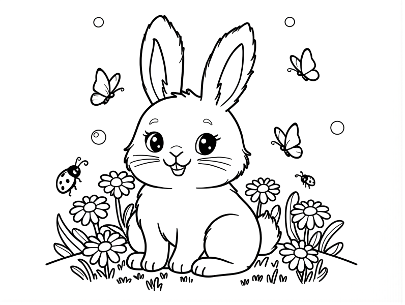 Fluffy bunny sitting in grass with butterflies and flowers coloring page