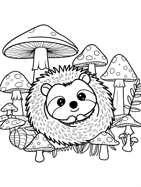 Cute hedgehog standing with simple flowers and grass coloring page for kids