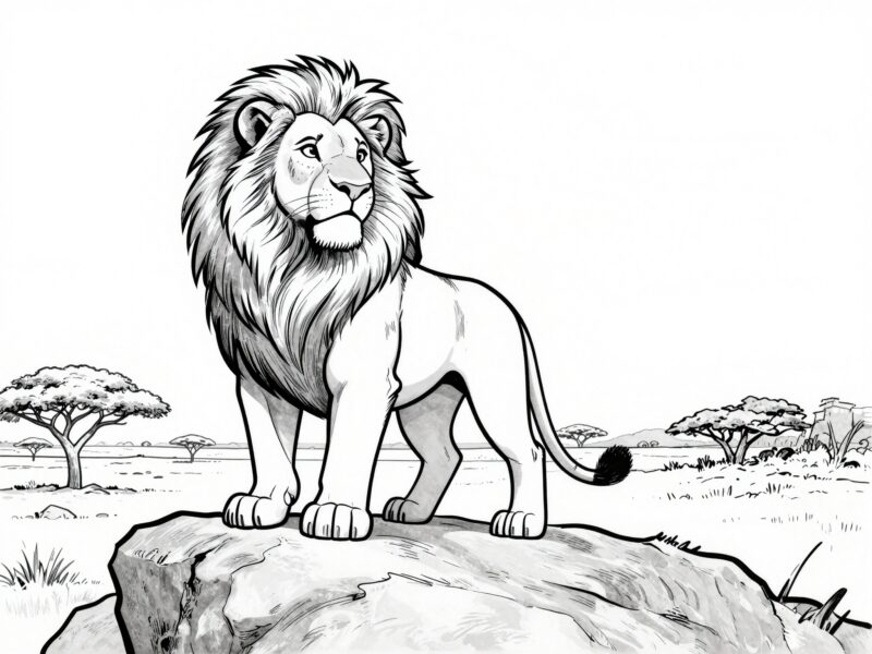 Lion standing proudly on a rock with grass and clouds coloring page