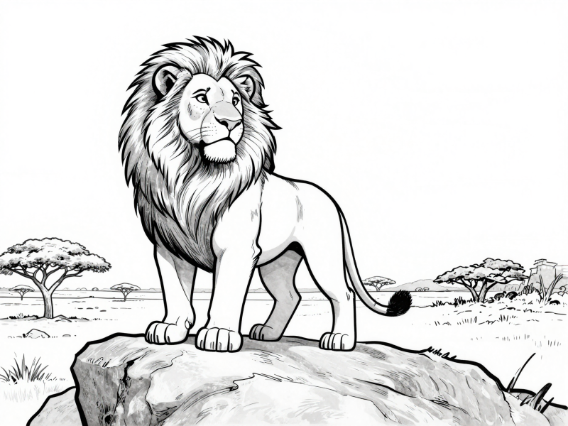 Lion standing proudly on a rock with grass and clouds coloring page